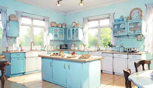 水色の部屋とキッチン